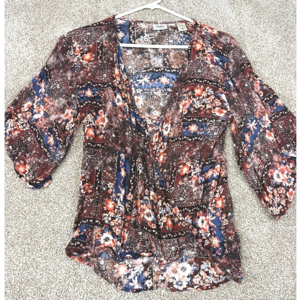 Daytrip Womens XS Floral Patchwork Surplice Blouse X-Small Boho Peasant Festival